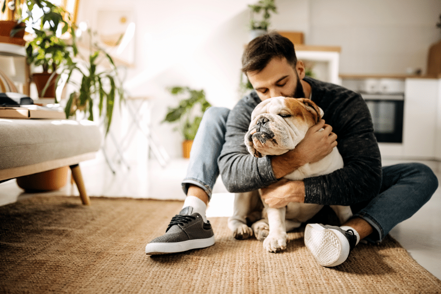 Homme câlinant un bouledogue qui fait du reverse sneezing.